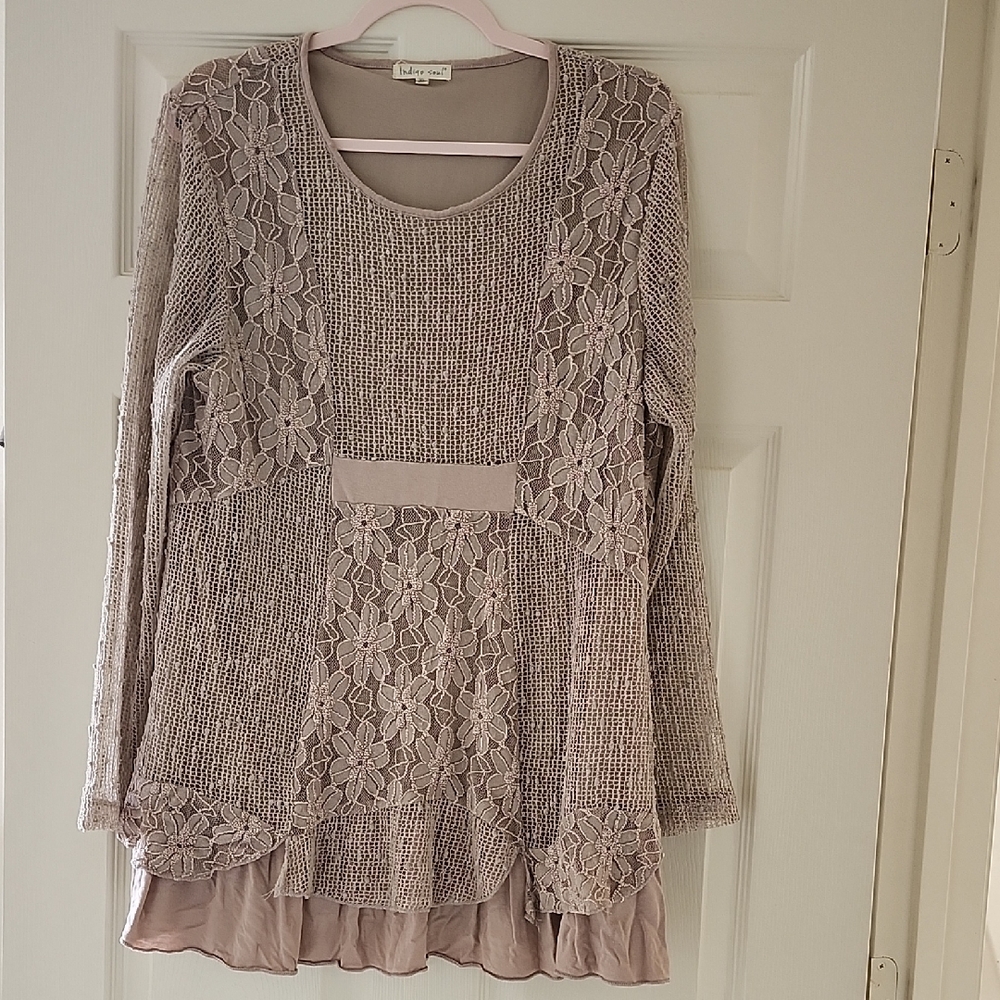indigo soul Mauve Lace Panel Long  Sleeve boho Tunic